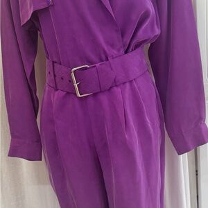 Patrick Vibrant Purple Jumpsuit 100%Pure Silk size 4 with design beautiful belt